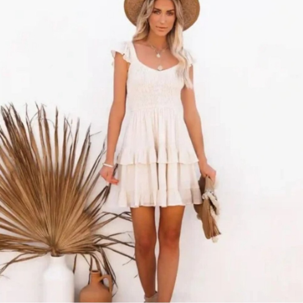Vici Cream Boho Smocked Tier Ruffle Dress
